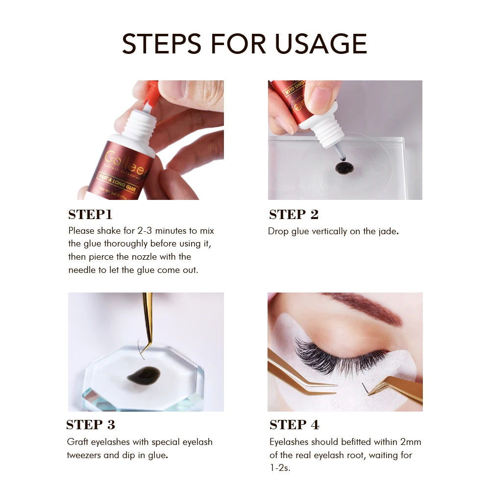 Gollee Lash Extension Glue 1s Fast Dry Long Lasting 6-7 weeks Strong Eyelash Extension Glue Booster Accelerator tools Waterproof