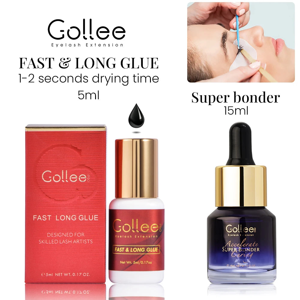 Gollee Lash Extension Glue 1s Fast Dry Long Lasting 6-7 weeks Strong Eyelash Extension Glue Booster Accelerator tools Waterproof