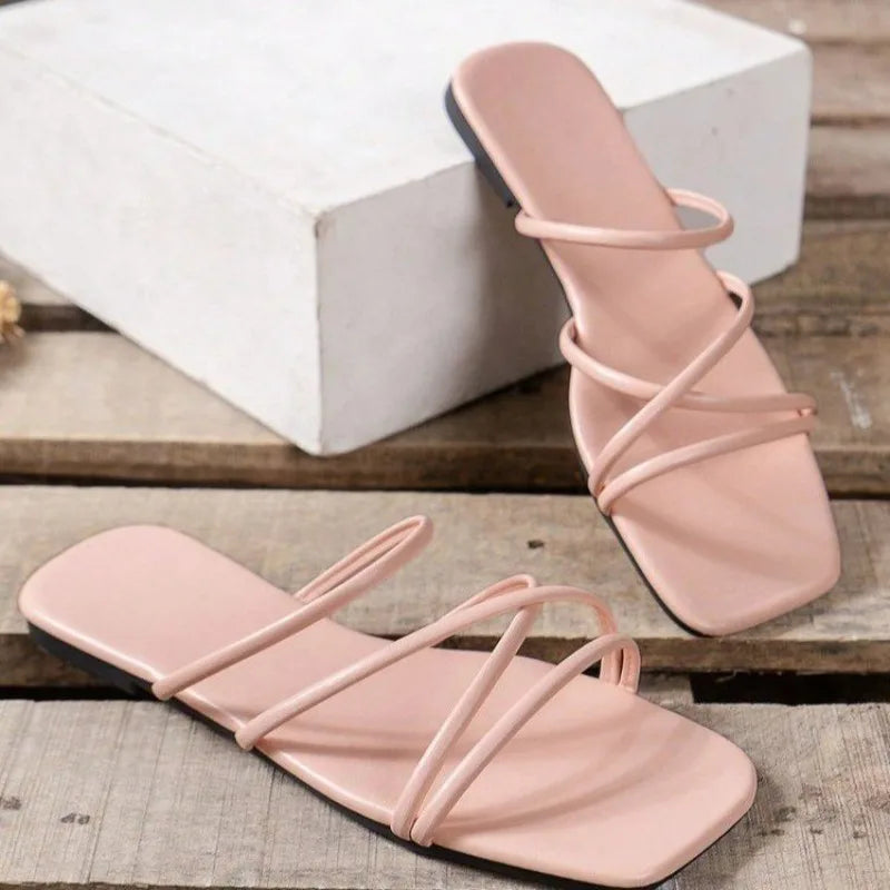 Women's Slip on Strappy Flat Sandals Square Toe Multi Strap Criss Cross Elegant Summer Beach Vacation Casual Comfort Footwear