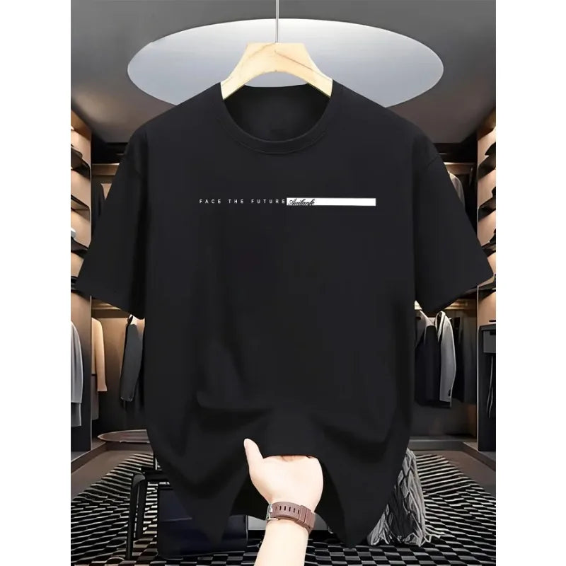 Summer Men's 100% Cotton Casual Loose T-Shirt, Large Letter Print Crew Neck Short Sleeve Top, High Street Unisex Style