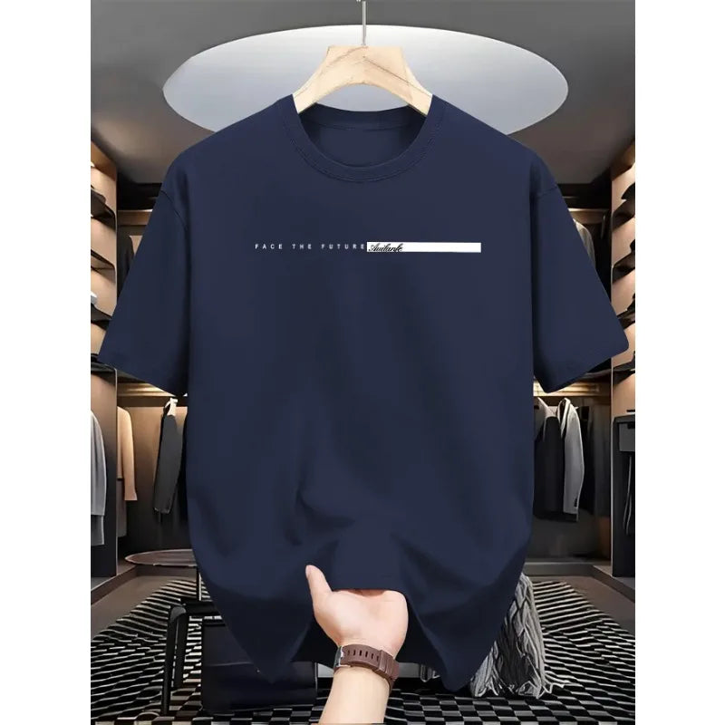Summer Men's 100% Cotton Casual Loose T-Shirt, Large Letter Print Crew Neck Short Sleeve Top, High Street Unisex Style