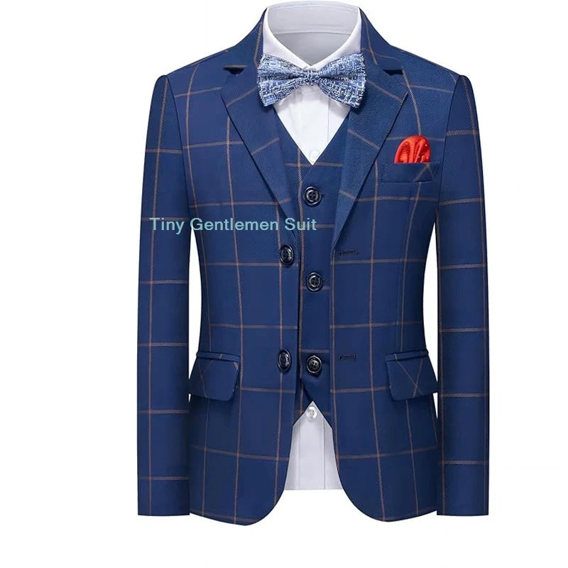 Boys Slim Fit Formal Plaid Suit Set Kids Blazer Vest Pants Bowtie Outfit Child Wedding Birthday Photography Performance Costume