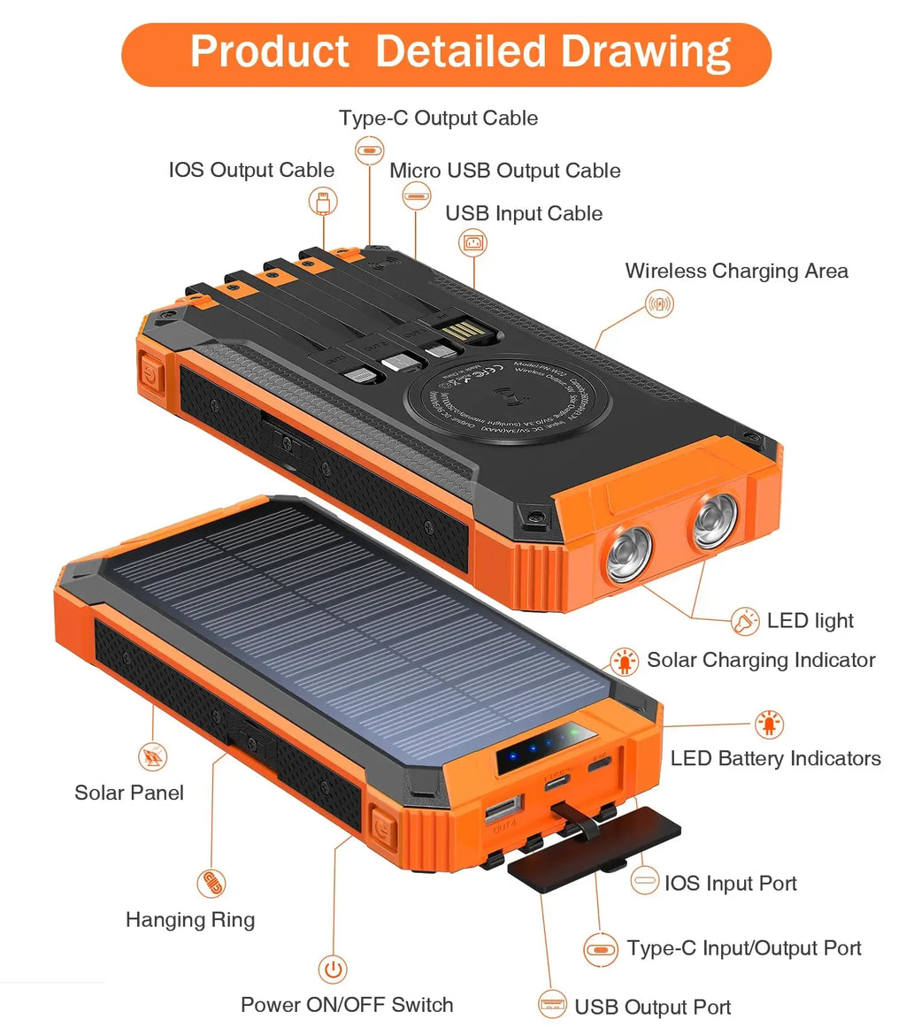Multifunctional Waterproof Mobile Solar Power Bank Hot Trend Wireless Solar Mobile Fast Charger Portable Power Bank