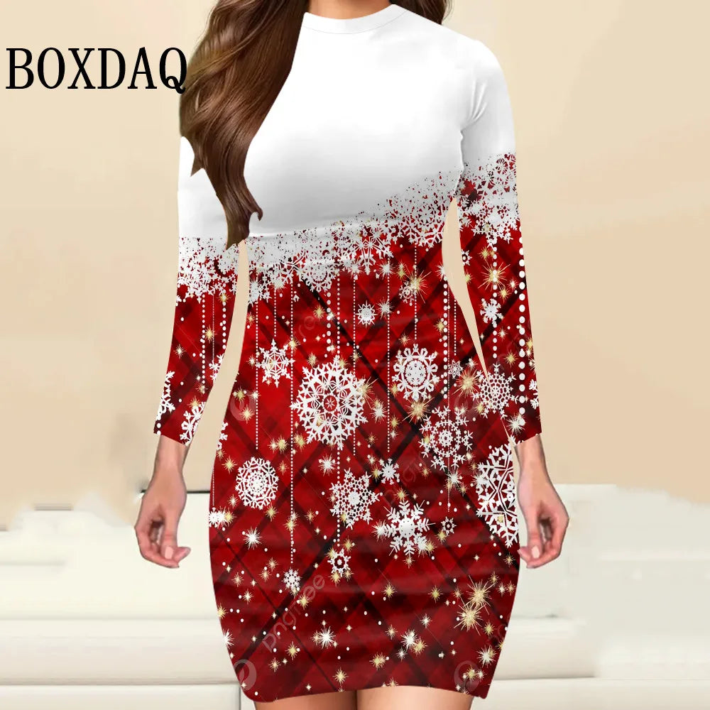 New Year 2025 Christmas Party Women Dress Fashion Christmas Printed Autumn Winter Long Sleeve Elegant Women's Bodycon Mini Dress