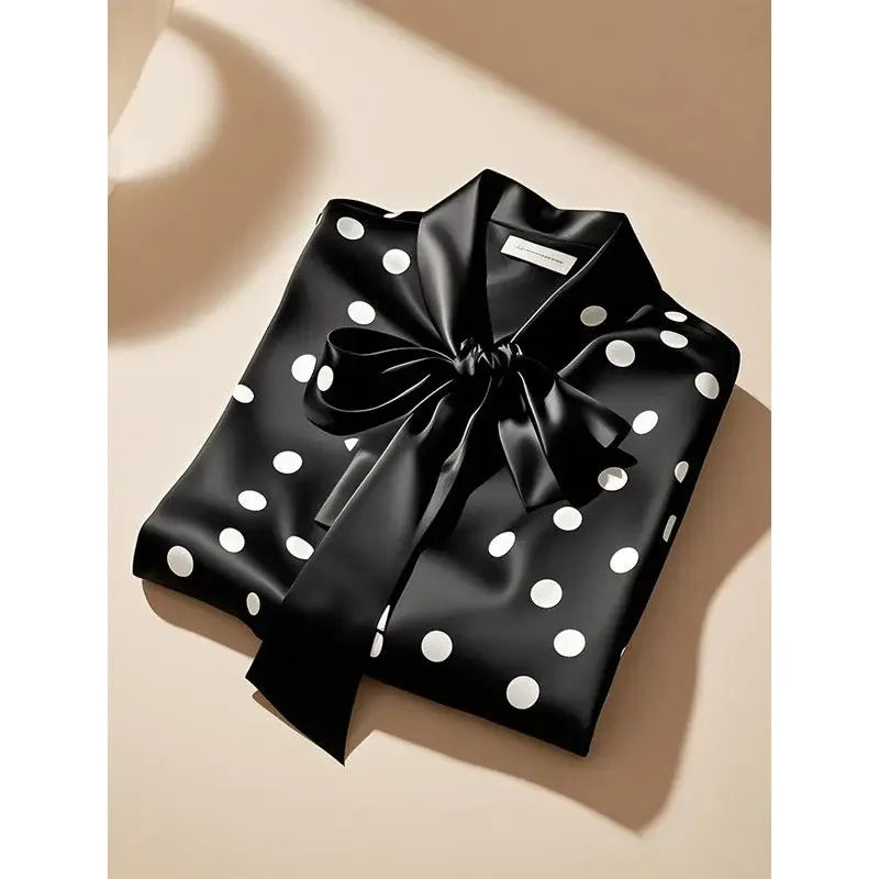 Elegant High Quality Satin Polka Dot Print Shirt Women Office Lady Business Casual Chic Blouse Lace-up Bow Long Sleeve Loose Top