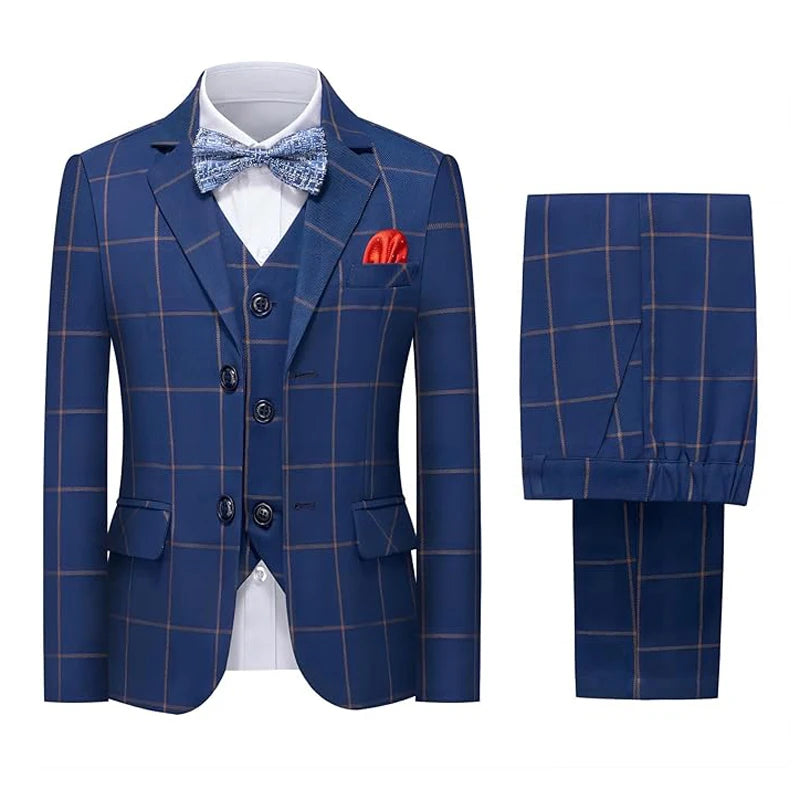 Boys Slim Fit Formal Plaid Suit Set Kids Blazer Vest Pants Bowtie Outfit Child Wedding Birthday Photography Performance Costume