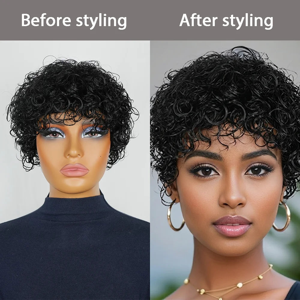 Afro Curly Human Hair Wig Short Black Wig Density 180% Machine Made with Bangs, Breathable Adjustable Cap for Women Daily Wear