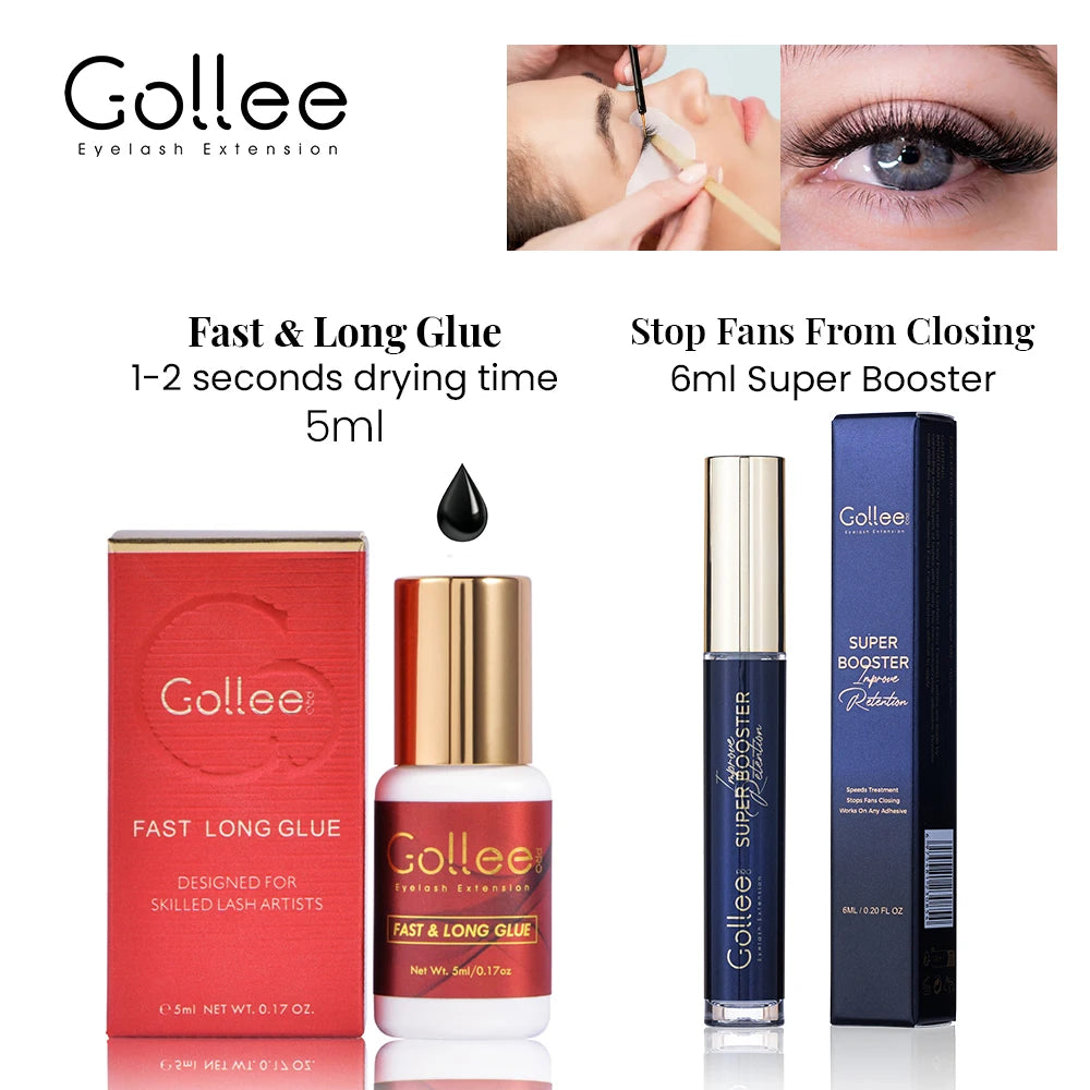 Gollee Lash Extension Glue 1s Fast Dry Long Lasting 6-7 weeks Strong Eyelash Extension Glue Booster Accelerator tools Waterproof