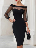 Sheath Dress Women Mesh Sheer Patchwork Dresses Slash Neck High Waist Bodycon Office Lady Elegant Spring Summer 2026 Vestidos