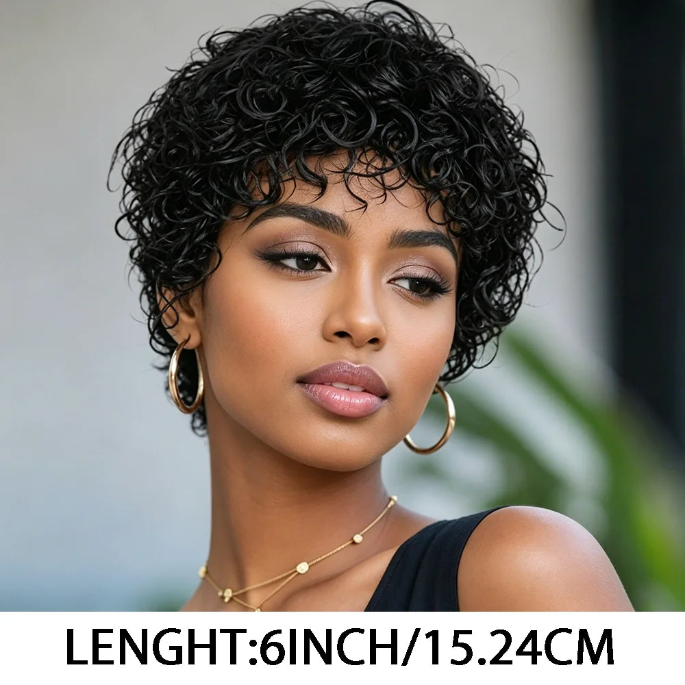 Afro Curly Human Hair Wig Short Black Wig Density 180% Machine Made with Bangs, Breathable Adjustable Cap for Women Daily Wear