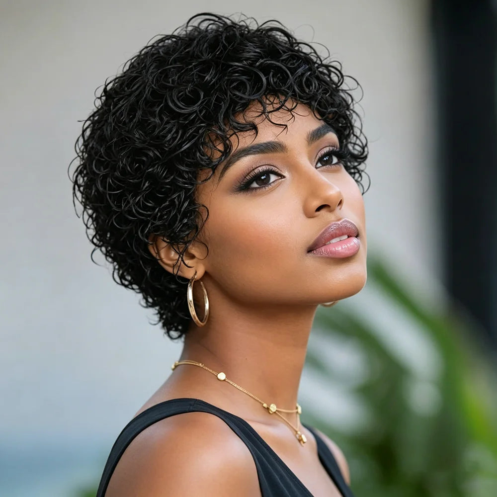 Afro Curly Human Hair Wig Short Black Wig Density 180% Machine Made with Bangs, Breathable Adjustable Cap for Women Daily Wear