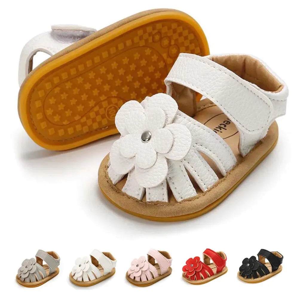 Meckior 2024 Summer Baby Beach Sandals Flat Flower Rubber Sole Anti-Slip Newborn Toddler Crib First Walkers Baby Girls Shoes