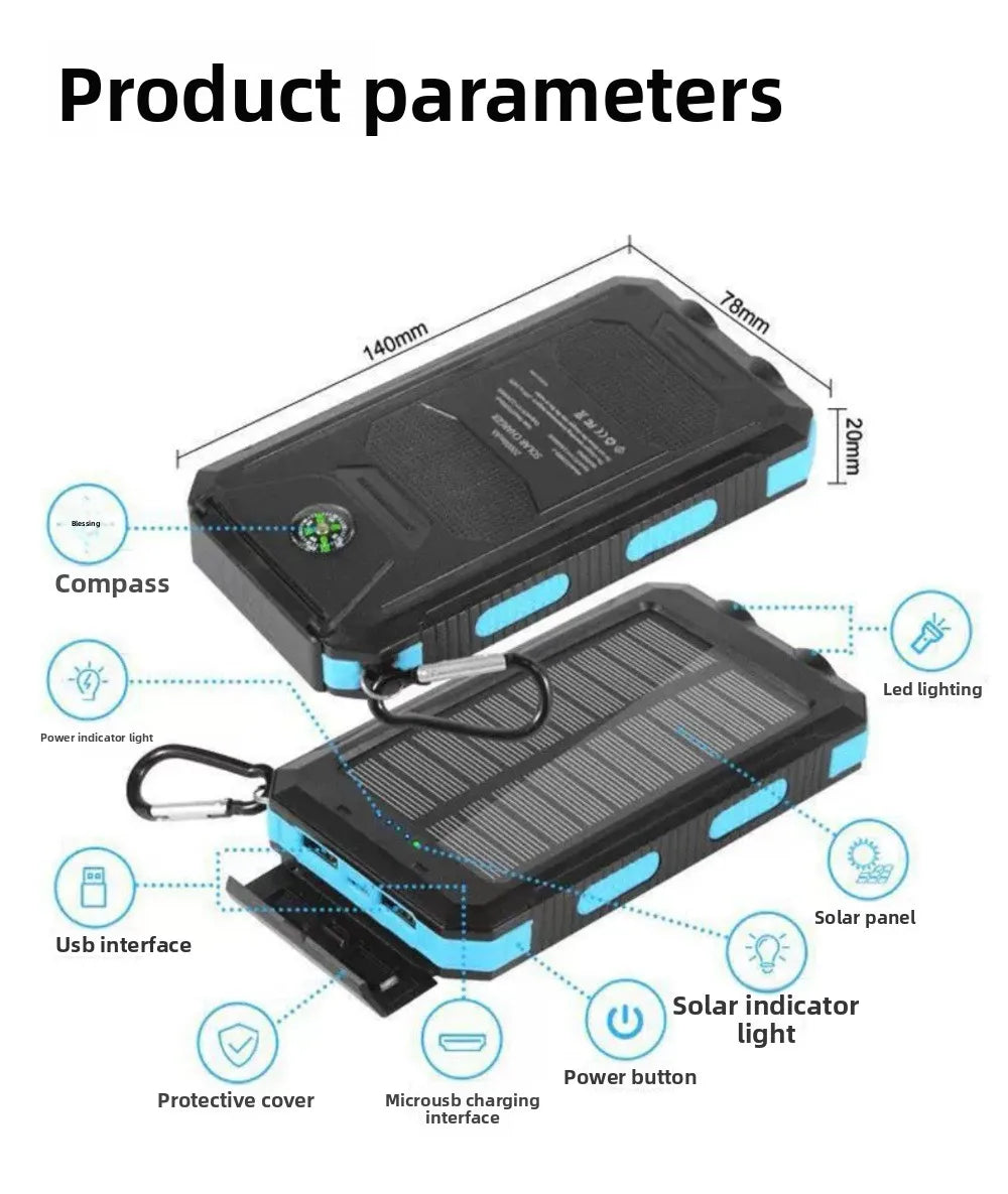 Solar Power Bank Waterproof Outdoor Portable Charger with Camping Light for Hiking Travel Emergency