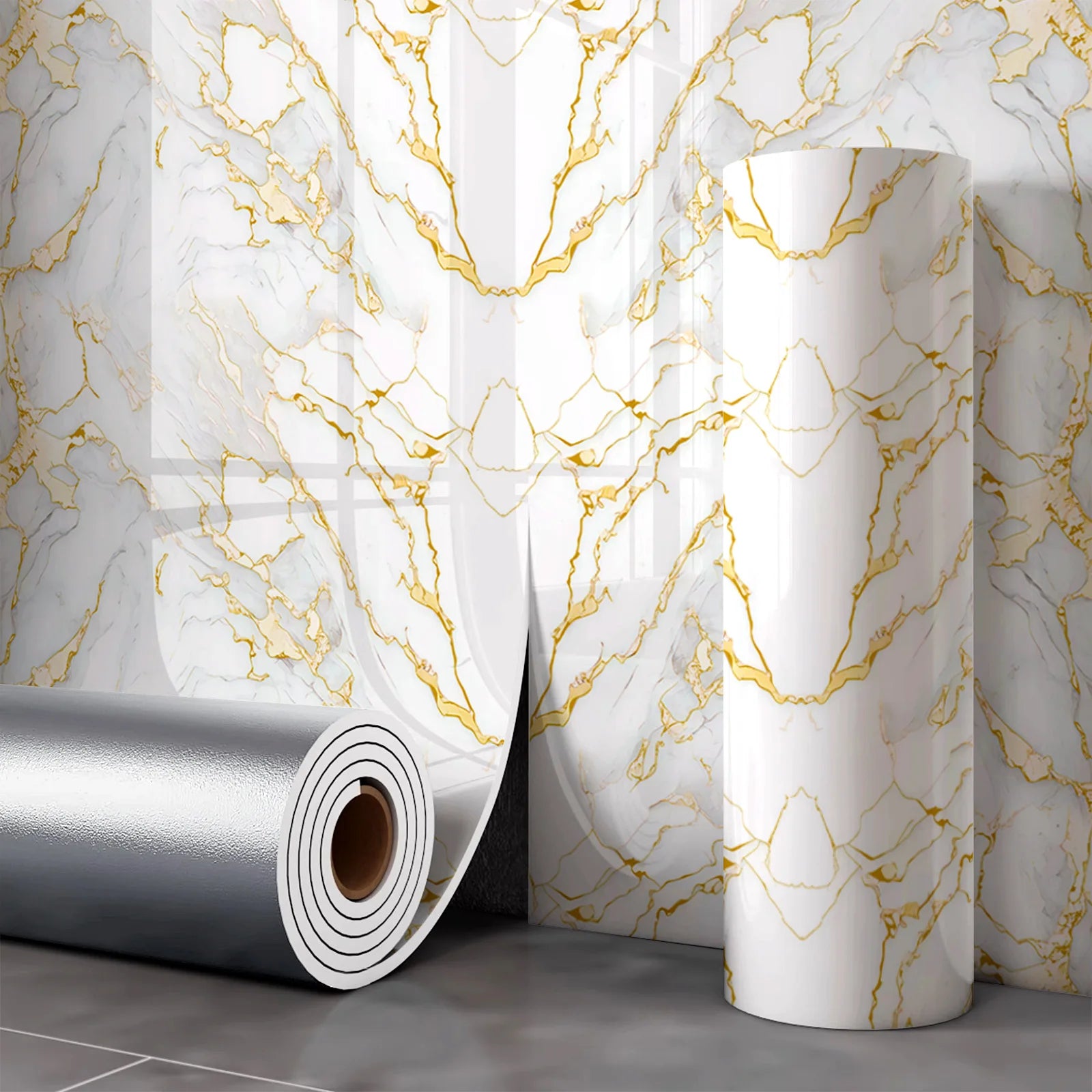 Self Adhesive Marble Wallpaper Waterproof Moisture Proof Faux Tile Wall Sticker for Bathroom Living Room Accent Wall Home Decor