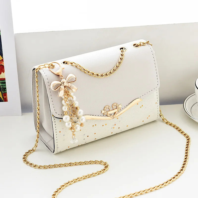 Women's Bag Korean Ins Fashion High-end Single Shoulder Bag Sequin Trend Bow Pendant with Chain Bag Сумка Женская