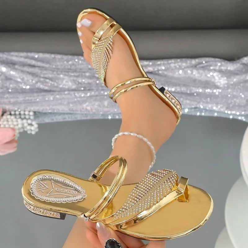 Women Summer New Series Slippers 2026 Fashion Bright Diamond Decorative Round Toe Female Shoes Casual Comfort Mid Heel Sandals