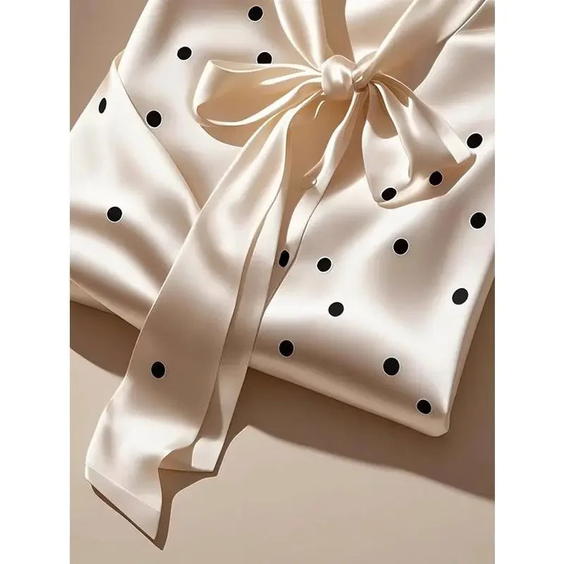 Elegant High Quality Satin Polka Dot Print Shirt Women Office Lady Business Casual Chic Blouse Lace-up Bow Long Sleeve Loose Top