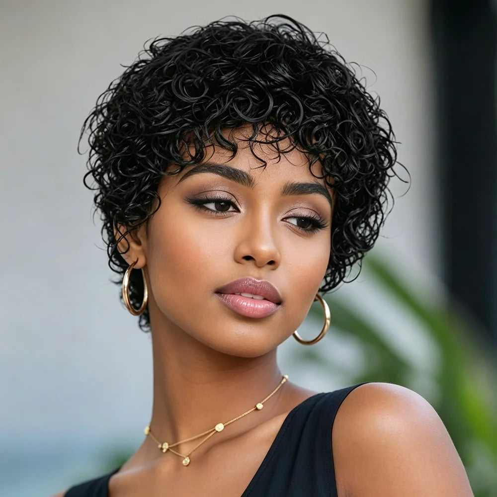 Afro Curly Human Hair Wig Short Black Wig Density 180% Machine Made with Bangs, Breathable Adjustable Cap for Women Daily Wear