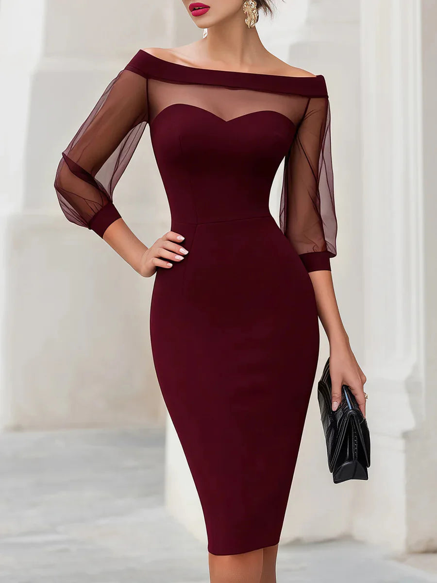 Sheath Dress Women Mesh Sheer Patchwork Dresses Slash Neck High Waist Bodycon Office Lady Elegant Spring Summer 2026 Vestidos