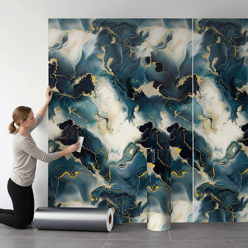 Self Adhesive Marble Wallpaper Waterproof Moisture Proof Faux Tile Wall Sticker for Bathroom Living Room Accent Wall Home Decor