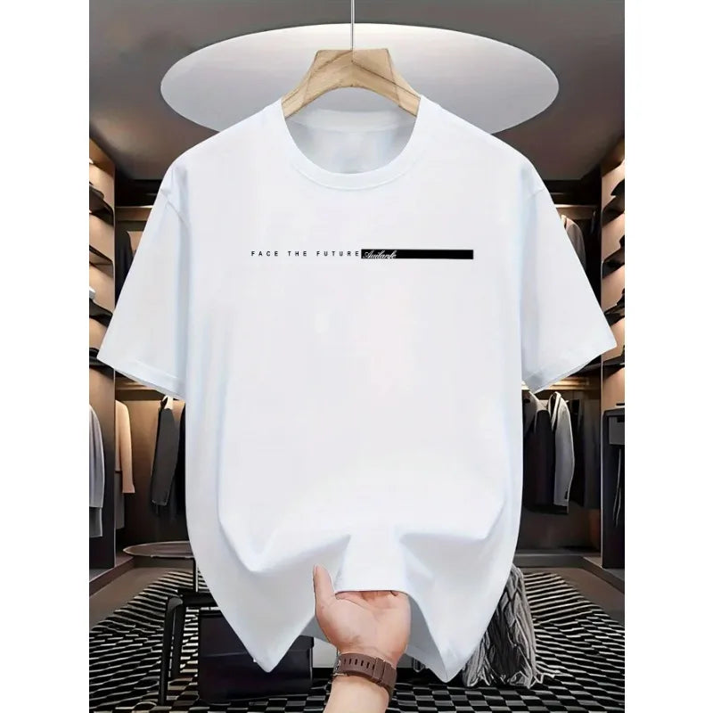 Summer Men's 100% Cotton Casual Loose T-Shirt, Large Letter Print Crew Neck Short Sleeve Top, High Street Unisex Style