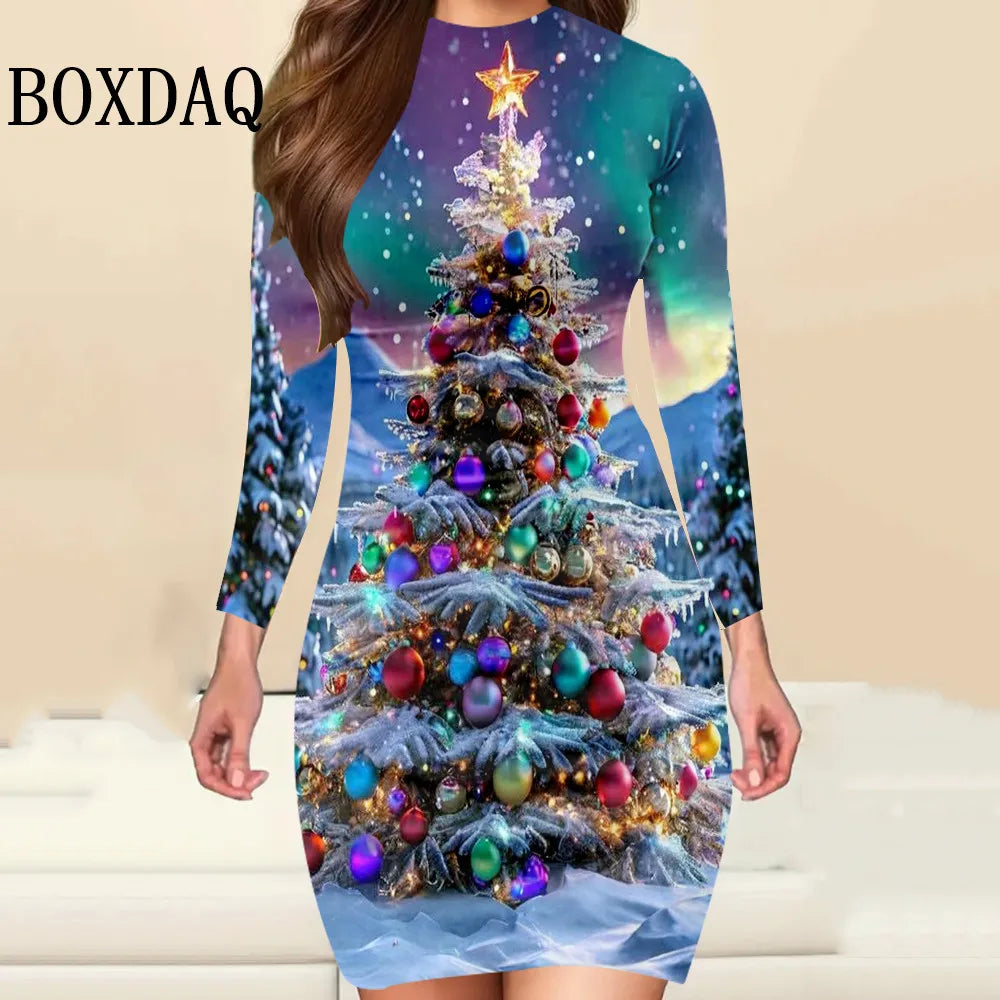 New Year 2025 Christmas Party Women Dress Fashion Christmas Printed Autumn Winter Long Sleeve Elegant Women's Bodycon Mini Dress
