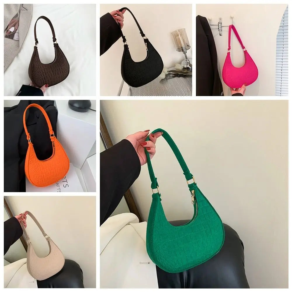 Print Crescent Moon Underarm Bag Shoulder Pouch Tote Bag Cloth Shoulder Bag Large Capacity Solid Color Felt Handbag Girls