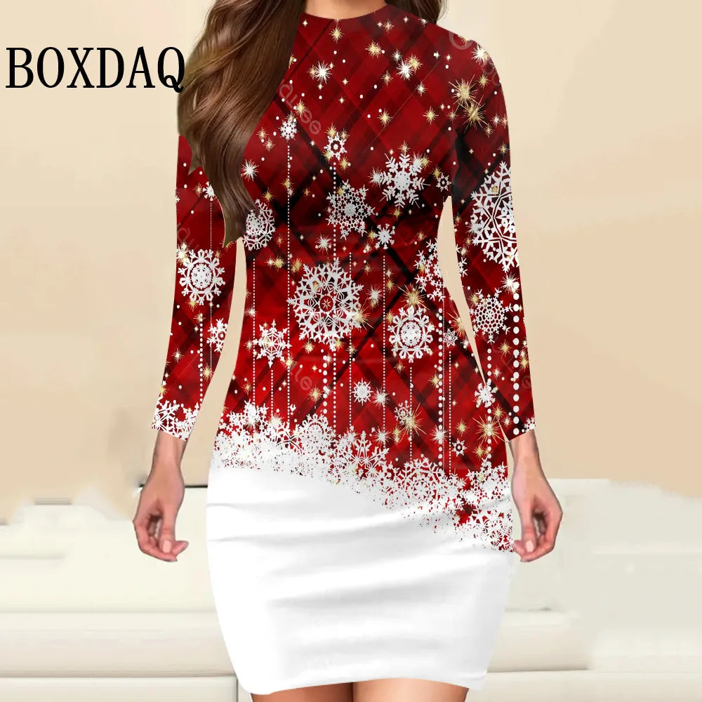 New Year 2025 Christmas Party Women Dress Fashion Christmas Printed Autumn Winter Long Sleeve Elegant Women's Bodycon Mini Dress