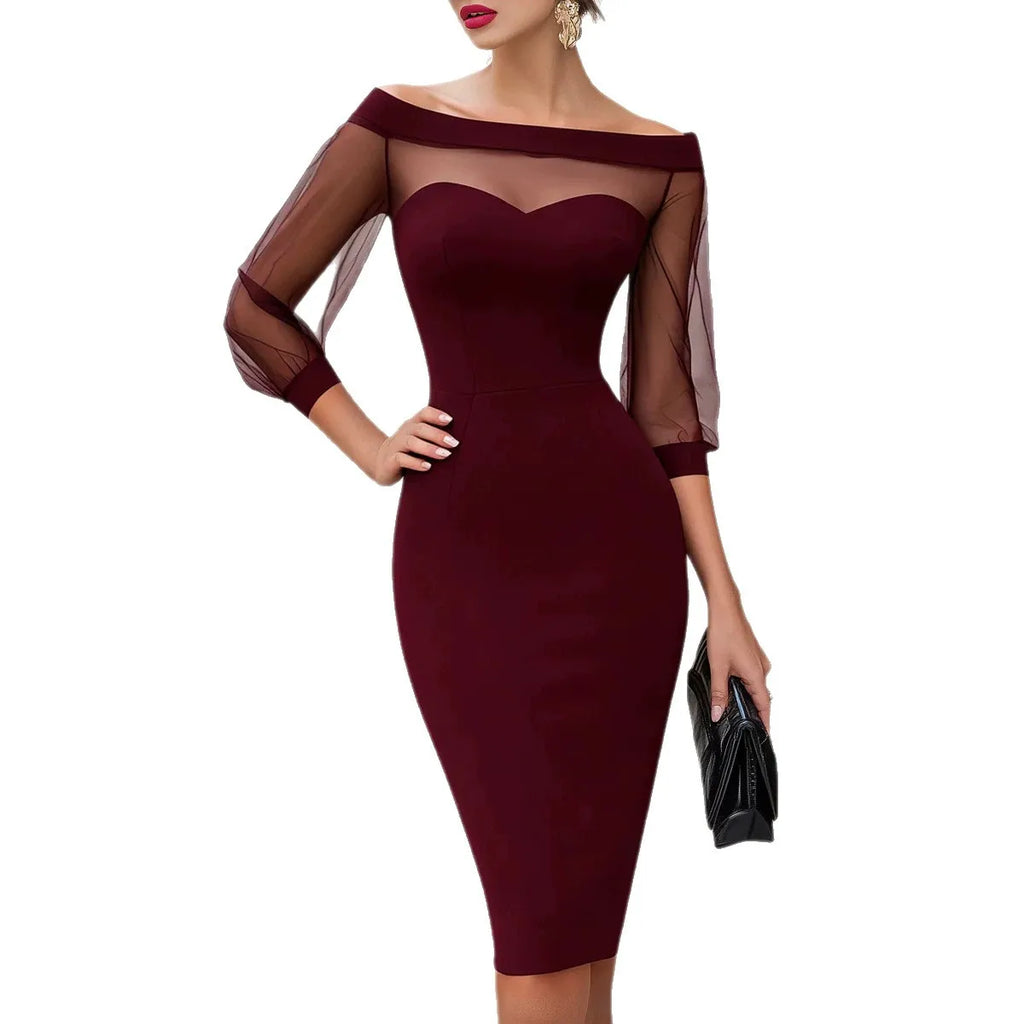 Sheath Dress Women Mesh Sheer Patchwork Dresses Slash Neck High Waist Bodycon Office Lady Elegant Spring Summer 2026 Vestidos