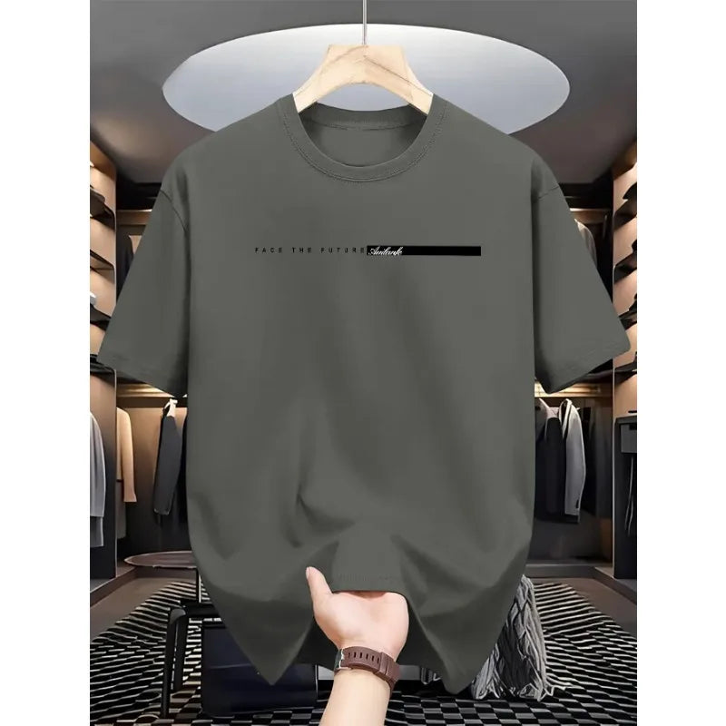 Summer Men's 100% Cotton Casual Loose T-Shirt, Large Letter Print Crew Neck Short Sleeve Top, High Street Unisex Style