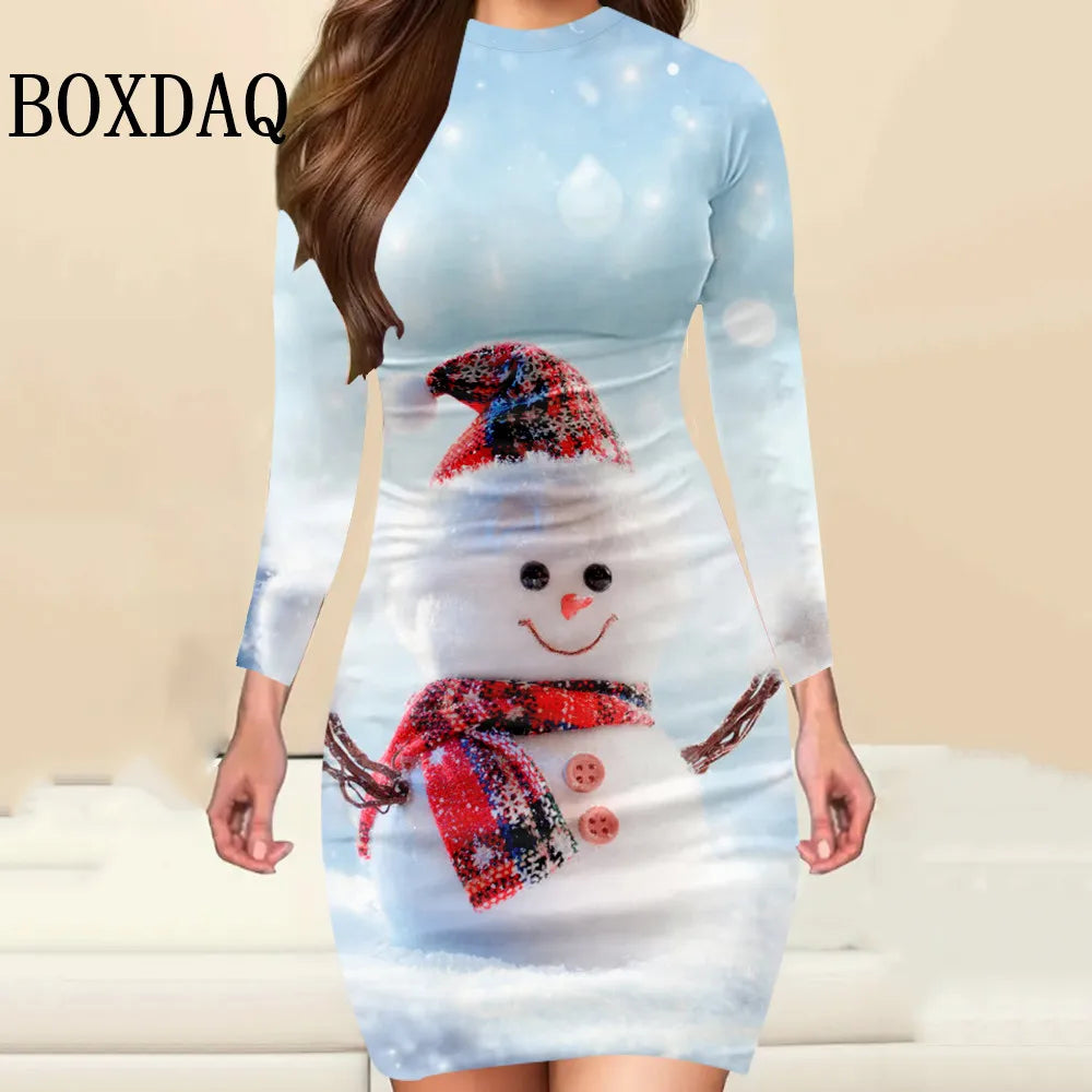 New Year 2025 Christmas Party Women Dress Fashion Christmas Printed Autumn Winter Long Sleeve Elegant Women's Bodycon Mini Dress