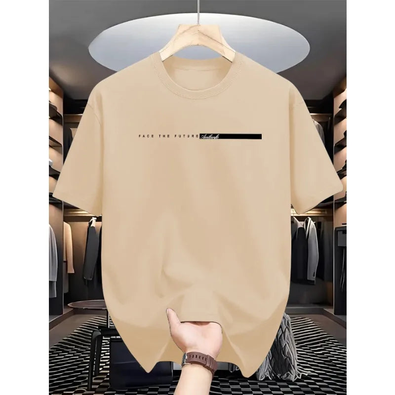 Summer Men's 100% Cotton Casual Loose T-Shirt, Large Letter Print Crew Neck Short Sleeve Top, High Street Unisex Style