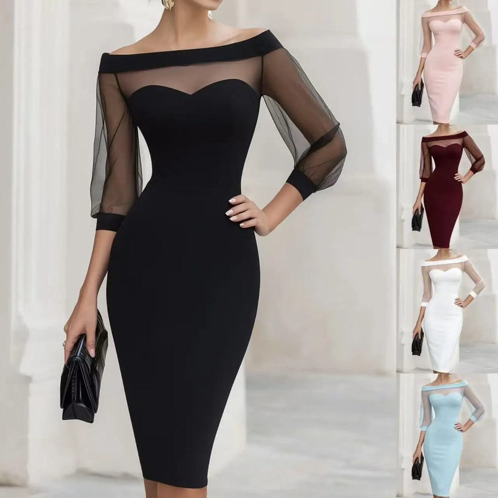 Sheath Dress Women Mesh Sheer Patchwork Dresses Slash Neck High Waist Bodycon Office Lady Elegant Spring Summer 2026 Vestidos