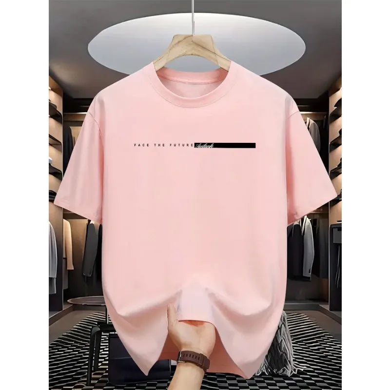 Summer Men's 100% Cotton Casual Loose T-Shirt, Large Letter Print Crew Neck Short Sleeve Top, High Street Unisex Style