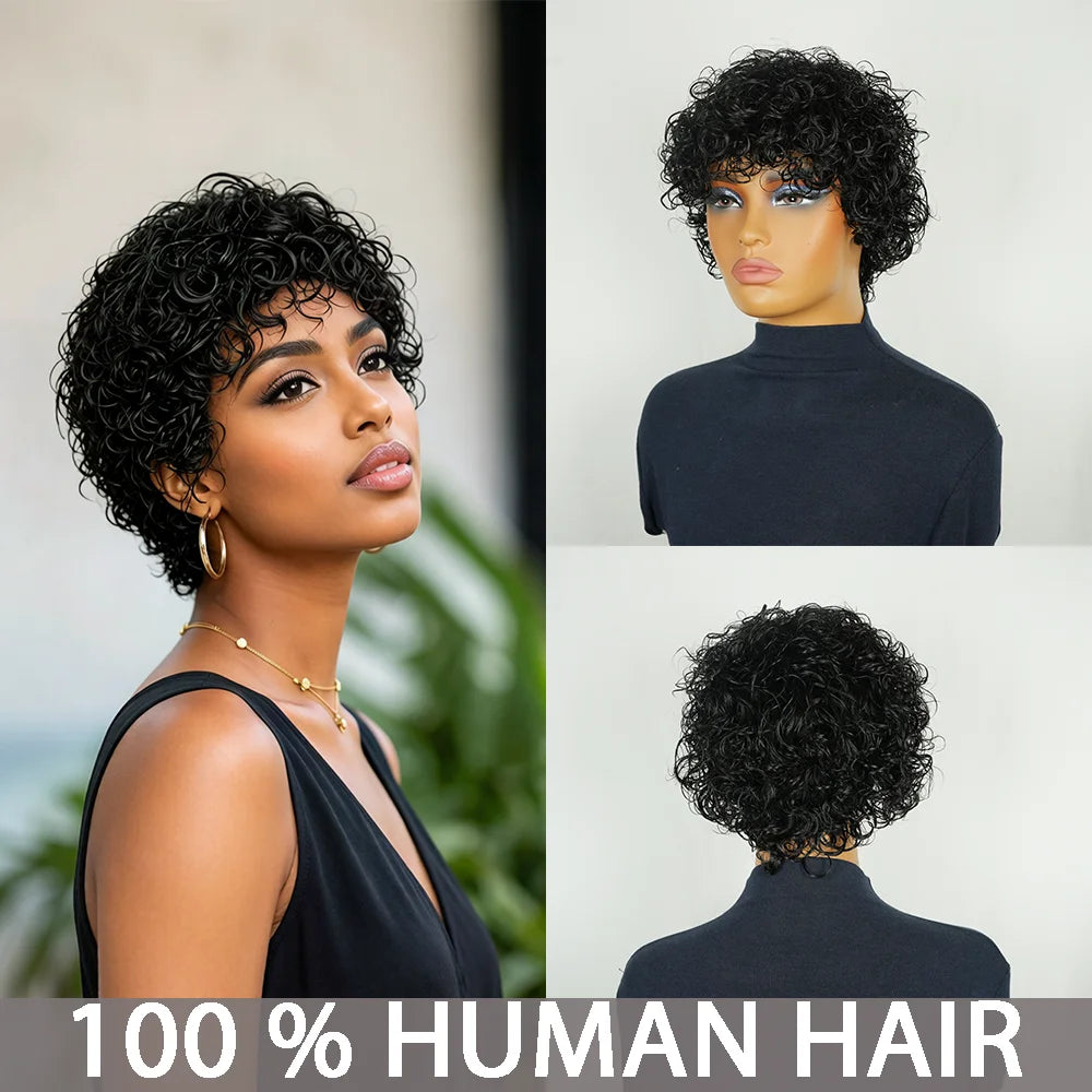 Afro Curly Human Hair Wig Short Black Wig Density 180% Machine Made with Bangs, Breathable Adjustable Cap for Women Daily Wear