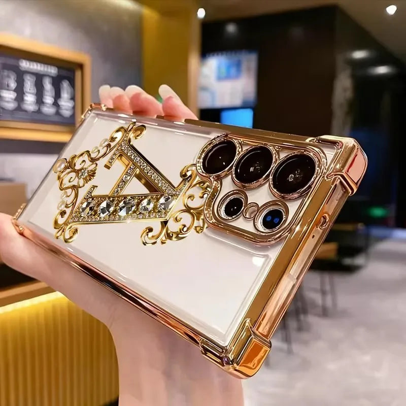 Diamond Golden A-Pattern Clear TPU Phone Case for Samsung Galaxy S26 S25 S24 S23 S22 Ultra Plus S21 FE A36 A35 A55 A54 5G Cover