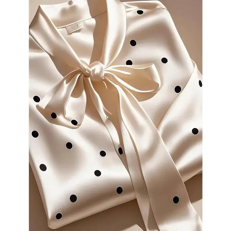 Elegant High Quality Satin Polka Dot Print Shirt Women Office Lady Business Casual Chic Blouse Lace-up Bow Long Sleeve Loose Top