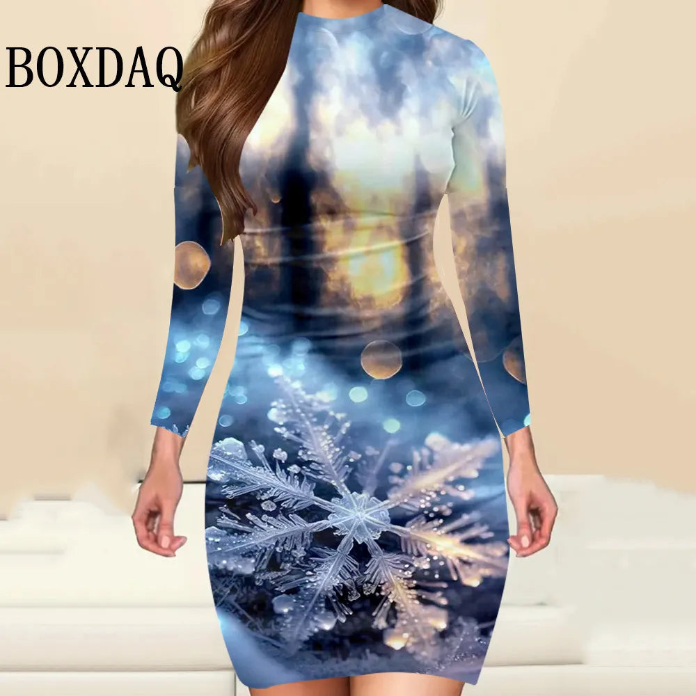 New Year 2025 Christmas Party Women Dress Fashion Christmas Printed Autumn Winter Long Sleeve Elegant Women's Bodycon Mini Dress