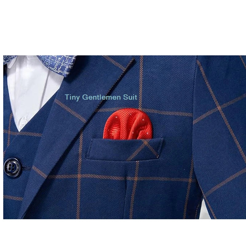 Boys Slim Fit Formal Plaid Suit Set Kids Blazer Vest Pants Bowtie Outfit Child Wedding Birthday Photography Performance Costume