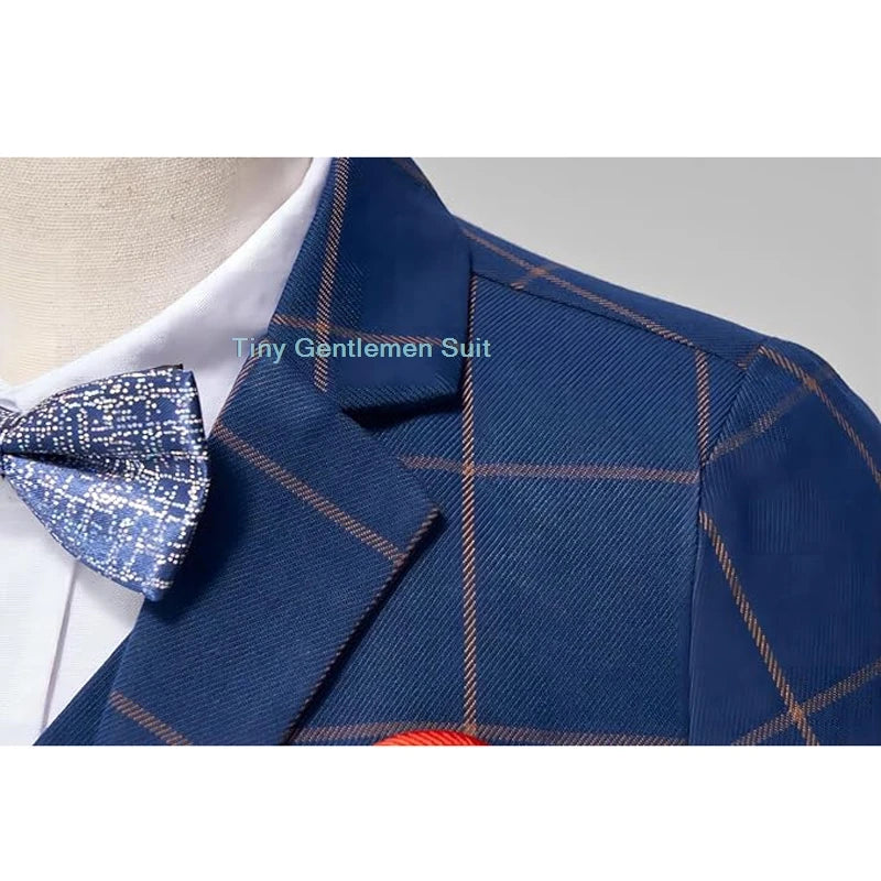 Boys Slim Fit Formal Plaid Suit Set Kids Blazer Vest Pants Bowtie Outfit Child Wedding Birthday Photography Performance Costume