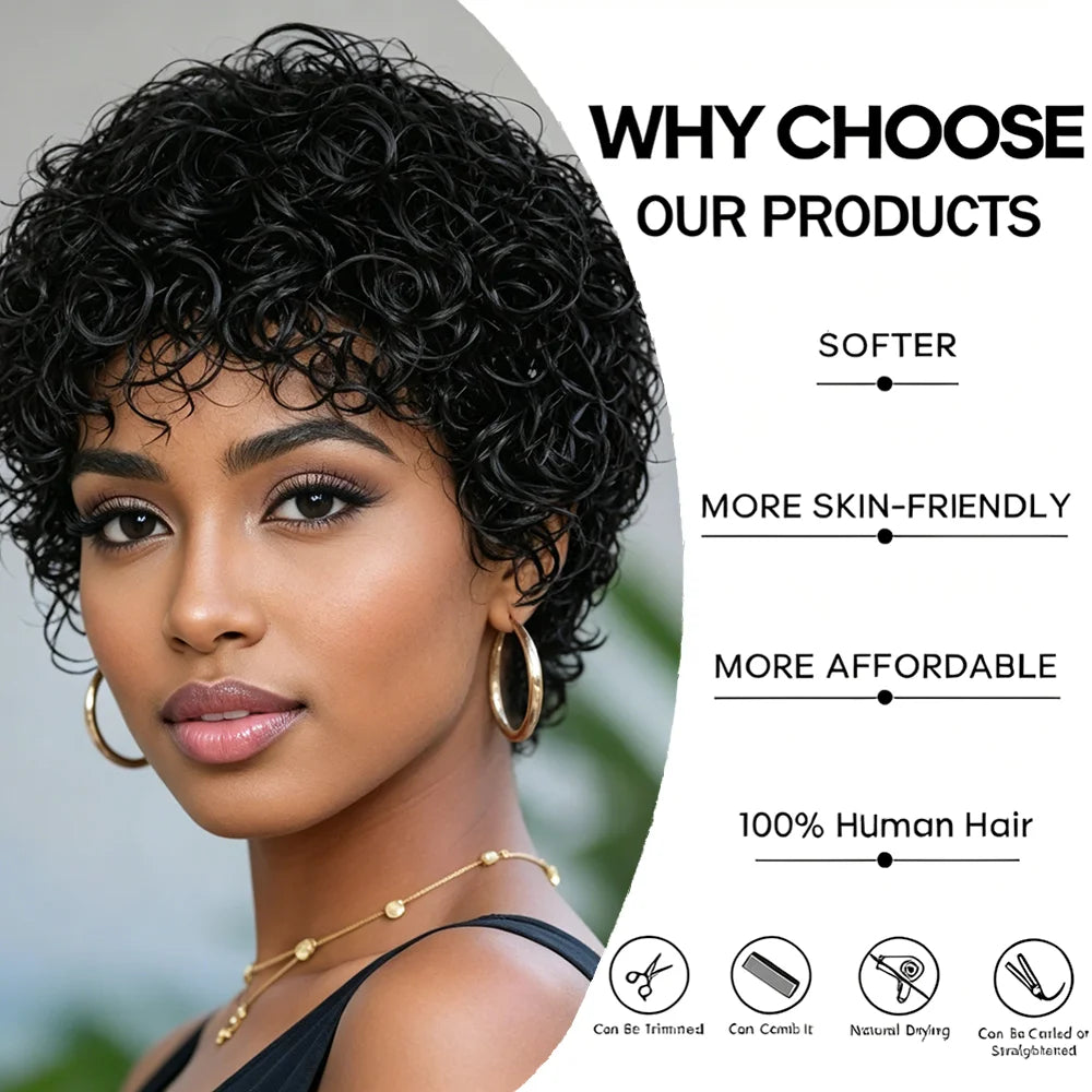 Afro Curly Human Hair Wig Short Black Wig Density 180% Machine Made with Bangs, Breathable Adjustable Cap for Women Daily Wear