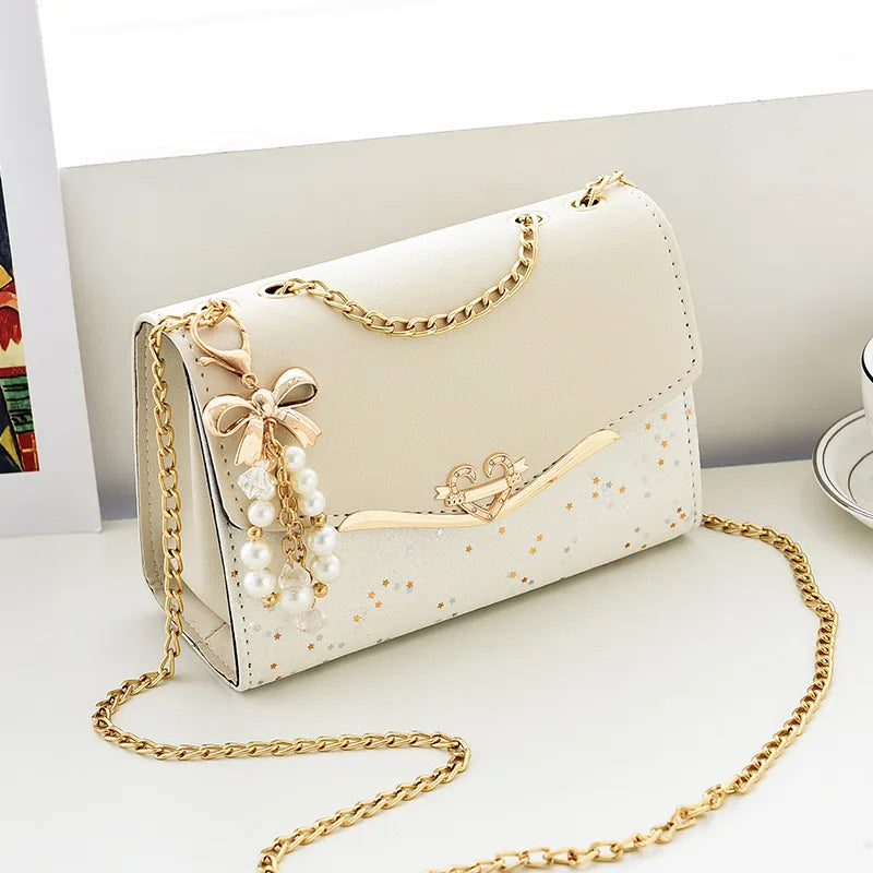 Women's Bag Korean Ins Fashion High-end Single Shoulder Bag Sequin Trend Bow Pendant with Chain Bag Сумка Женская