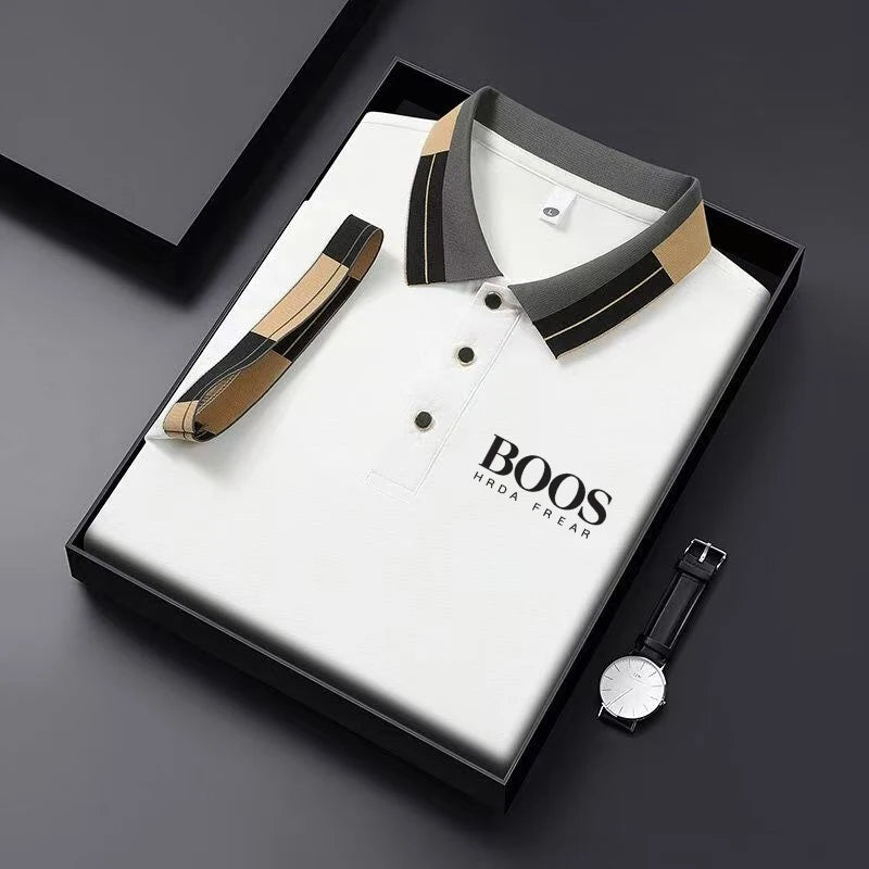 Men'S New Embroidered Short Sleeved Striped Grid Polo Shirt, Business Casual Fashionable Breathable Clothing, Youthful Fashion,